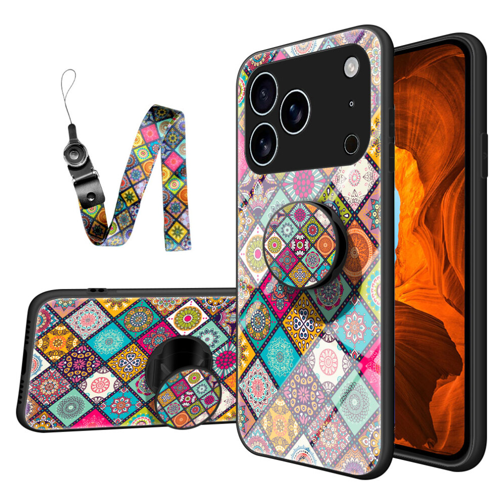 (Checkered Pattern) For Iphone 17 Pro Max Case Kickstand Ethnic Pattern Tempered Glass Phone Cover With Strap 6914284427054