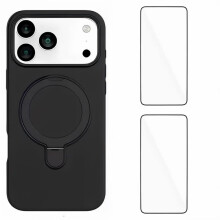 (Black) For iPhone 17 Pro Max Case Kickstand with 2 Screen Films WANLONFENG YJ Series TPU Liquid Silicone Phone Cover Large Cutouts
