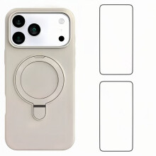 (White) For iPhone 17 Pro Max Case Kickstand with 2 Screen Films WANLONFENG YJ Series TPU Liquid Silicone Phone Cover Large Cutouts