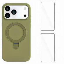(Green) For iPhone 17 Pro Max Case Kickstand with 2 Screen Films WANLONFENG YJ Series TPU Liquid Silicone Phone Cover Large Cutouts