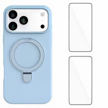 (Blue) For iPhone 17 Pro Max Case Kickstand with 2 Screen Films WANLONFENG YJ Series TPU Liquid Silicone Phone Cover Large Cutouts