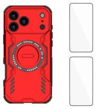 (Red) For iPhone 17 Pro Magnetic Case WANLONFENG DJ Series PC TPU Phone Cover with 2Pcs Tempered Glass Film