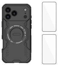 (Black) For iPhone 17 Pro Magnetic Case WANLONFENG DJ Series PC TPU Phone Cover with 2Pcs Tempered Glass Film