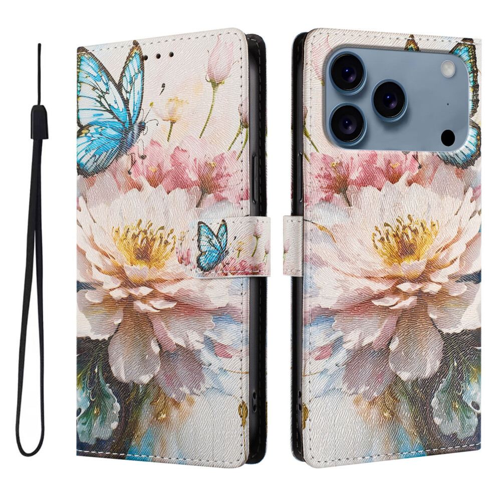 (Butterfly Flower) For Iphone 17 Pro Max Case Pattern Print Pu Leather Wallet Phone Cover With Wrist Strap 6914282516576