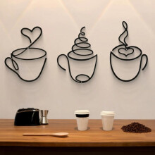 (Golden, Type B upgraded version 3 cups) Modern Metal Coffee Cup Wall Art, Home Decor, Kitchen Dining Room Wall Decoration, Luxury Iron Hanging Ornament, Living Room Sculpture,