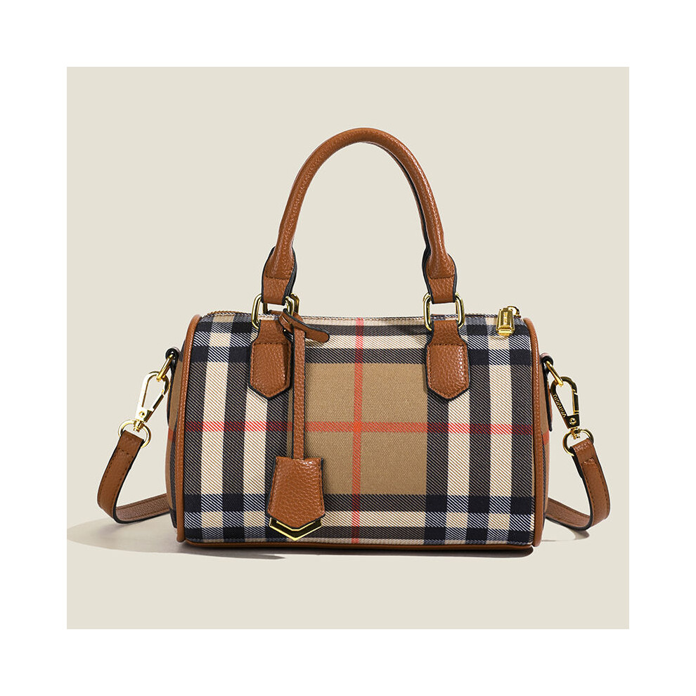 Qimorigeng European And American Fashion Boston Bag 2025 Spring And Summer New Popular Classic Plaid Small Bag, Textured Single-Shoulder Crossbody Bag