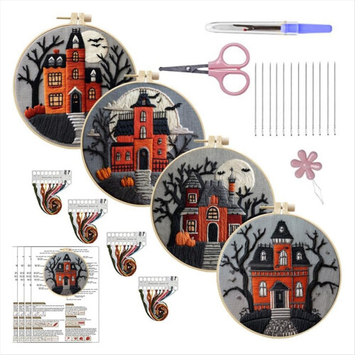 4-Pack Halloween Castle Embroidery Kit Beginners