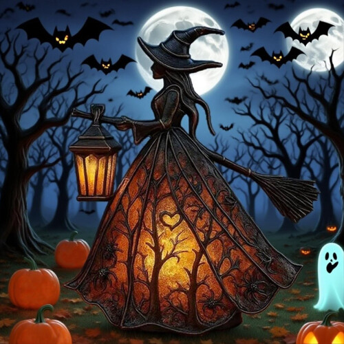 Halloween Witch Lamp, Gothic Spooky Witch Decor with Holding Lantern 2