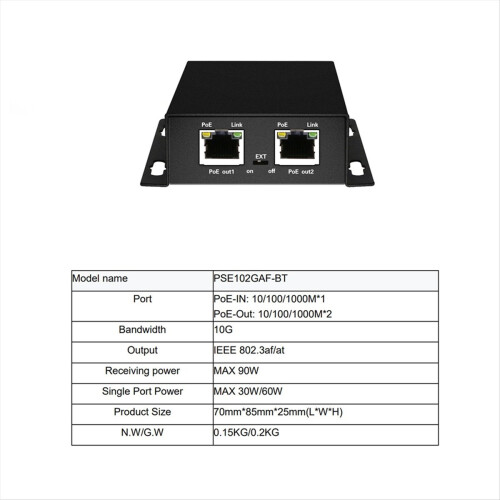 IEEE 802.3af/At POE Extender 1 Input 2 Output 2 Ports 90W 2