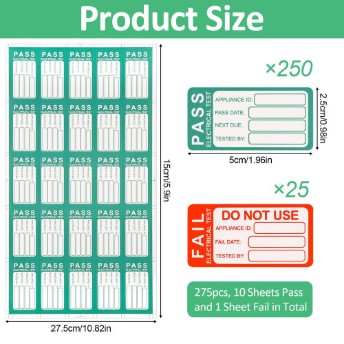 Pat Testing Stickers, 250 PCS Pass & 25 PCS Fail Pat Testing Labels, 1