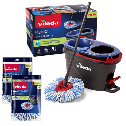 Vileda Vileda H2PrO Spin Mop and Bucket Set With 2 Additional Mop Head | qual