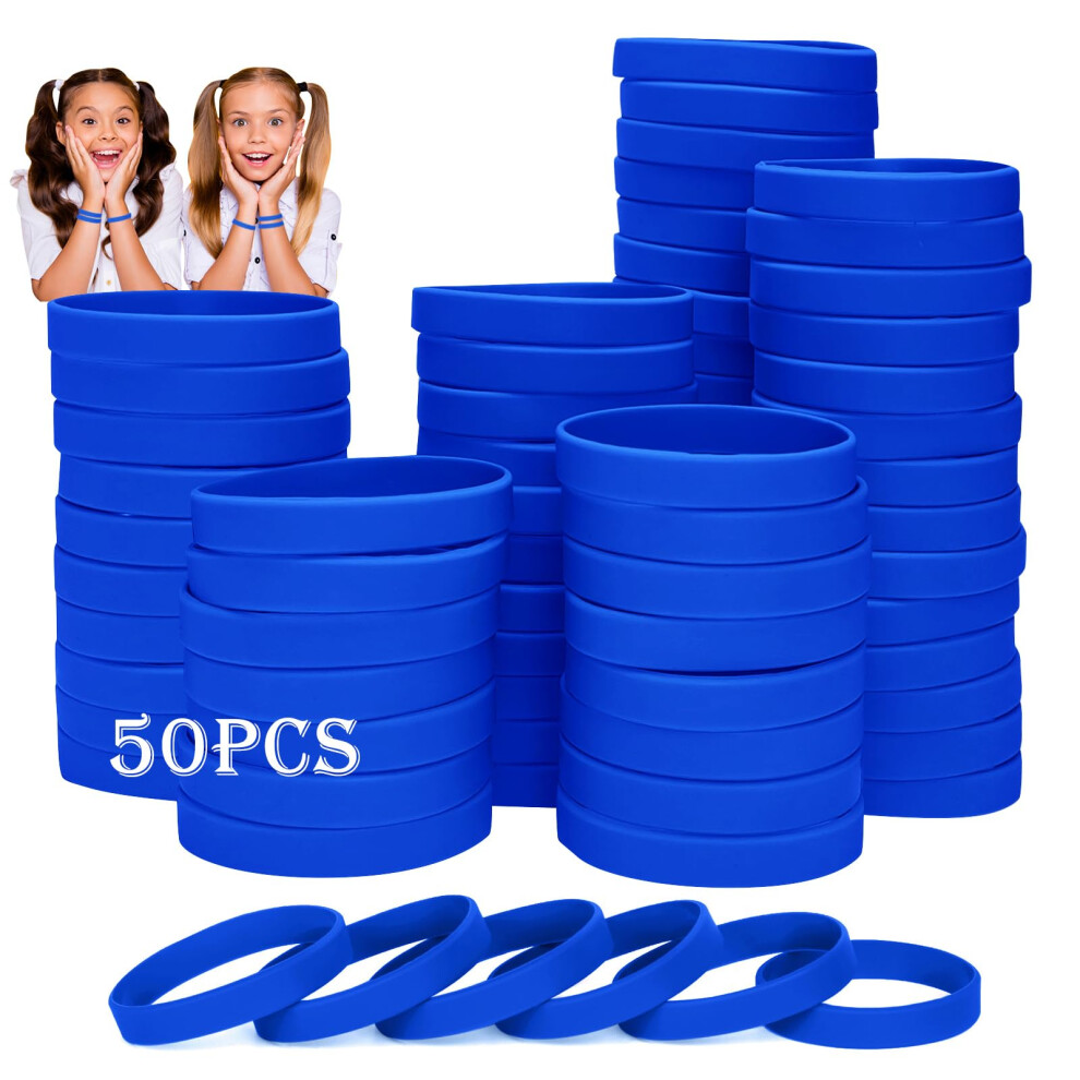 Hontius Silicone Wristbands, 50Pcs Blue Rubber Wristbands Blank Wrist Bands Universal Wristband Set For Kids Teens Sport Suitable For 8-12 Aged