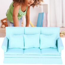 12" Puppenhaus Minisofa mit 3 Kissen – Holzwohnzimmer-Dekor, Blau