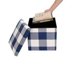 (Blue Check) Faux Leather Folding Storage Box Ottoman Seat Stool Storage Boxes Home Footstool Organiser Pack With Lid Bedroom Garments Storage