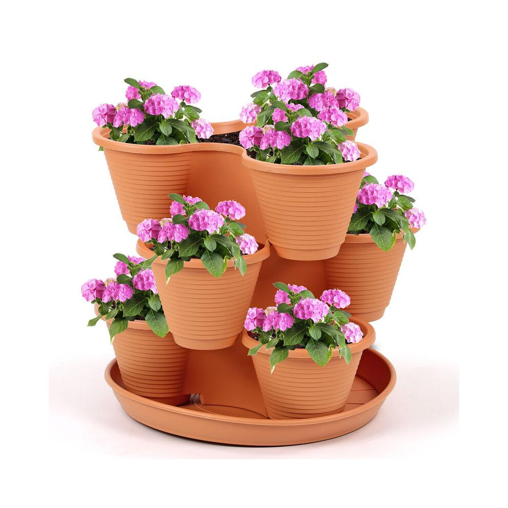 (Terracotta) 3 Tier Stackable Strawberry, Herb, Flower, And Vegetable Planter - Vertical Growing Garden Tower Indoor / Outdoor Planters Tri-Pot Brown
