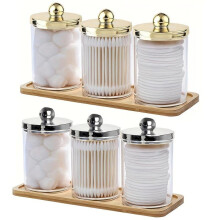 (Silver, 3 Counts/set with Tray) Cotton Swab Storage Box with Wooden Tray, 3 Counts/set Round Cotton Swab Dispenser, Bathroom Storage Box for Toiletry, Home Organizer,