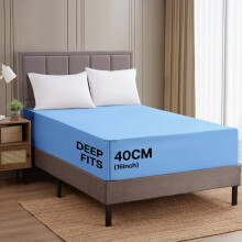 (Light Blue 40 Cm , Super King) Imperial Rooms Extra Deep Pocket Plain Fitted Bed Sheet 25CM 40CM Deep Mattress , Hotel Quality Bedsheet ,Microfiber Fitted Bedsheet Bamboo