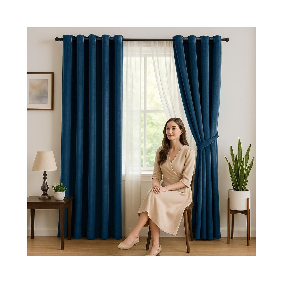 (Blue, 66" x 84" (Single Panel)) Luxury Velvet Eyelet Curtains with 2 Matching Tie Backs â Elegant Living Room Curtains, Door Curtains & Curtains fo-image-OPC-PKFSKR7-NEW