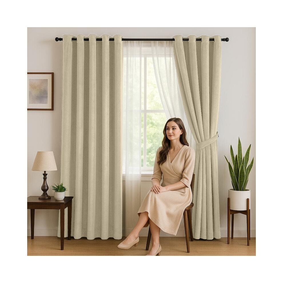 (Beige, 66" X 72") Luxury Velvet Eyelet Curtains with 2 Matching Tie Backs â Elegant Living Room Curtains, Door Curtains & Curtains for Bedroom, Per-image-OPC-PKFSKQN-NEW