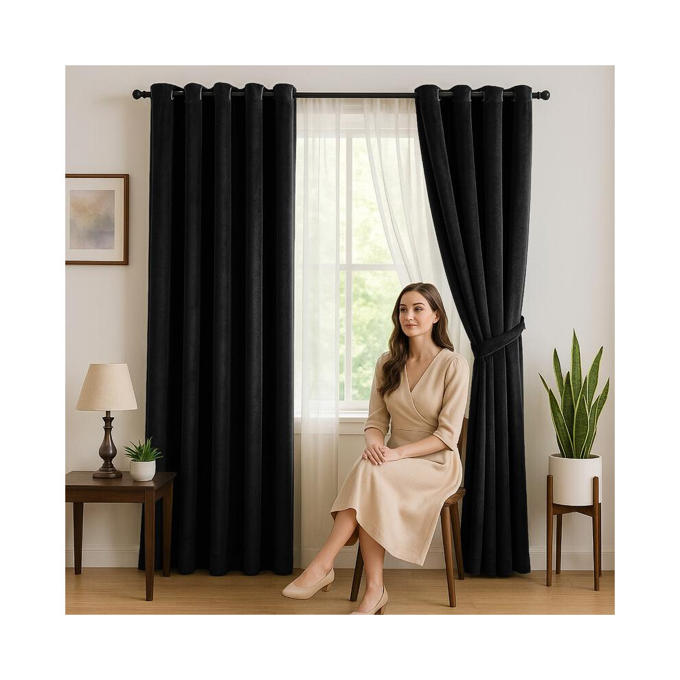 (Black, 66" X 54") Luxury Velvet Eyelet Curtains with 2 Matching Tie Backs â Elegant Living Room Curtains, Door Curtains & Curtains for Bedroom, Per-image-OPC-PKFSKQT-NEW