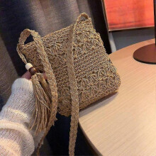 (Khaki) Women's Beach Woven Straw Shoulder Messenger Bag with Tassel Boho Hollow Out Crochet Crossbody Handbag Macrame Purse