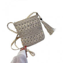 (Beige) Women's Beach Woven Straw Shoulder Messenger Bag with Tassel Boho Hollow Out Crochet Crossbody Handbag Macrame Purse