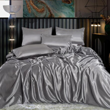 (SILVER, KING) Satin Silk Complete Bedding Set - 6 PCS - Fitted sheet, Duvet Cover, 4 Pillow Cases
