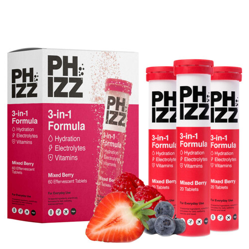 Phizz 3-in-1 Tablets Mixed Berry Hydration, Electrolytes and Vitamins Effervescent  x 60 Tablets