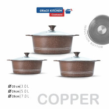 (3pc Marble Brown (20-24-28)) GRACE Die Cast Marble Stockpot Set -Aluminium Non Stick Coating Cooking -Induction Stock with Tempered Glass Lid with Steam Vent Cookware