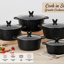 (5pc Marble Black) GRACE Die Cast Marble Stockpot Set -Aluminium Non Stick Coating Cooking -Induction Stock with Tempered Glass Lid with Steam Vent Cookware