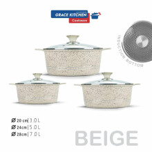 (Beige ) GRACE Die Cast Marble Stockpot Set -Aluminium Non Stick Coating Cooking -Induction Stock with Tempered Glass Lid with Steam Vent Cookware