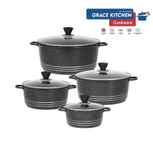 (Black) GRACE Die Cast Marble Stockpot Set -Aluminium Non Stick Coating Cooking -Induction Stock with Tempered Glass Lid with Steam Vent Cookware