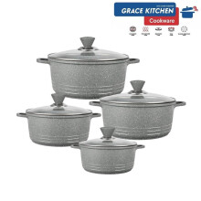 (Grey) GRACE Die Cast Marble Stockpot Set -Aluminium Non Stick Coating Cooking -Induction Stock with Tempered Glass Lid with Steam Vent Cookware