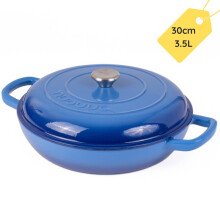 (Dark Blue) Shallow Enamelled Cast Iron Dutch Oven – 3.7-Quart Non-Stick Pot with Lid – Ovenproof Stockpot Safe to 500F – 30cm by Nuovva