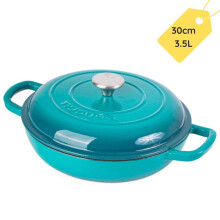 (Teal) Shallow Enamelled Cast Iron Dutch Oven – 3.7-Quart Non-Stick Pot with Lid – Ovenproof Stockpot Safe to 500F – 30cm by Nuovva