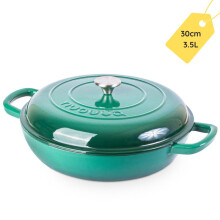 (Dark Green) Shallow Enamelled Cast Iron Dutch Oven – 3.7-Quart Non-Stick Pot with Lid – Ovenproof Stockpot Safe to 500F – 30cm by Nuovva