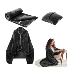 Flannel Travel Cup and Combination Pillow-Blanket Compact Shawl Cable Blanket for Airplanes and Camping Black