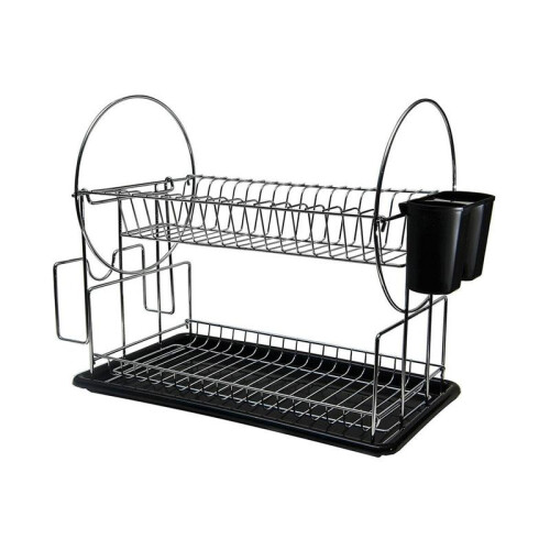 (Black) 2 Tier Black Dish Drainer Rack with Drip Tray Stainless Steel ...