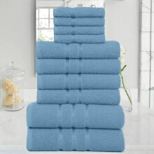 (sky) 10 Piece Egyptian Cotton Towel Set - 2 Bath Towels (70cm x 120cm), 4 Hand Towels (50cm x 80cm), and 4 Face Towels (30cm x 30cm) - 500 GSM
