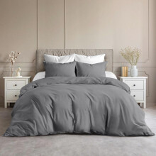 (Grey, Double) [BACK TO SCHOOL] Yorkshire Bedding Luxurious 3-Piece Plain Dyed Microfiber Duvet Cover Set with 2 Pillowcases Poppers Closure Soft Breathabl