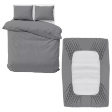 (Grey, Double) Yorkshire Bedding 4-Piece Luxury Microfiber Duvet Set – Dyed Plain Duvet Cover, 2 Pillowcases & Fitted Sheet with Poppers Closure – Deyd