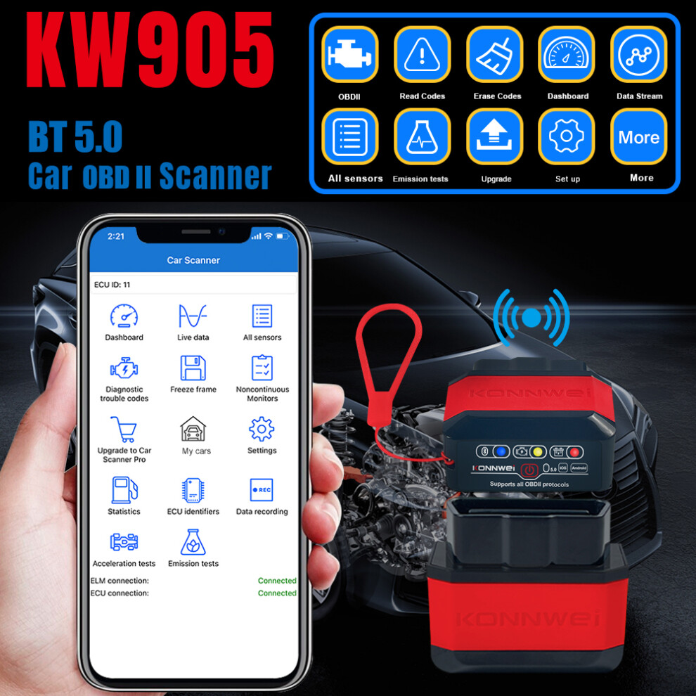 Kw905 Bt 5.0 Wireless Obdii Car Scanner, Compact, Red 5001349210926