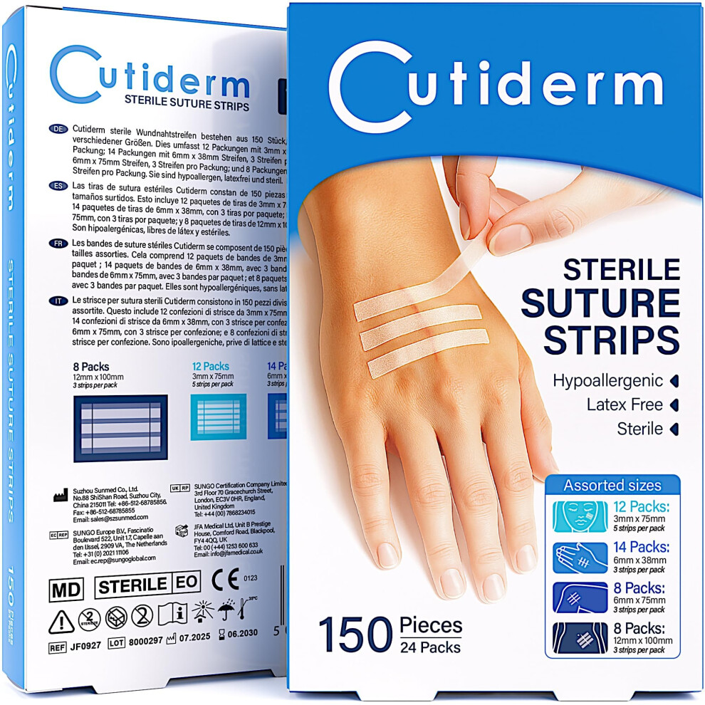Cutiderm Sterile Skin Wound Closure Suture Strips, 4 Sizes - 150 | Qua