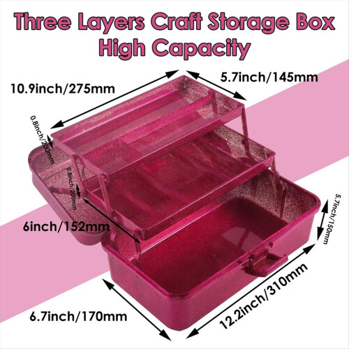 Glitter Pink & Craft Tool Storage Box, Stackable Carry Tackle Box 2