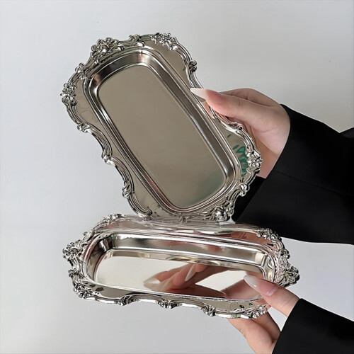 Embossed Stainless Steel Tray Serving Platter for Dining Table Decor 1