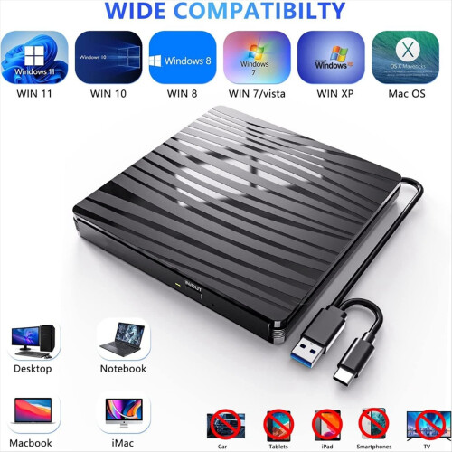 Unità CD/DVD esterna per laptop, USB 3.0 e masterizzatore CD DVD +/-RW di tipo C 1