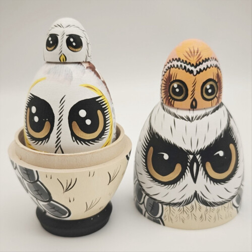 Set de păpuși bufnițe în stil nesting, familie de bufnițe din lemn, decor de Paște 1
