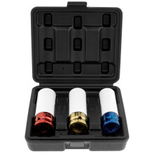 3pcs 1/2-Inch Drive Thin Wall Deep Impact Socket Set, 6-Point Metric Lug Nut Sockets 17mm 19mm 21mm, Chrome Vanadium with Carry Case