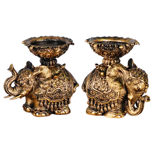 2Pcs Antiqued Elephant Statue Candle Holder Vintage Embossed