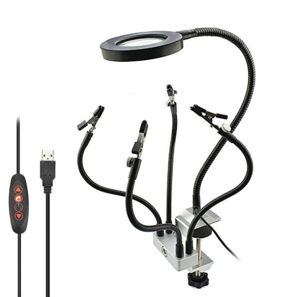 LED Light Magnifier Desk Lamp 3X with Adjustable Brightness, Helping Hand Repair Clamp, and Auxiliary Clip Stand for Desktop Use